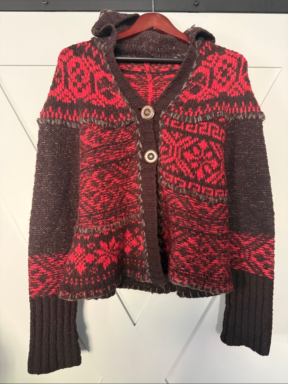 Free People Hooded Fair Isle Cardigan - Red and Brown